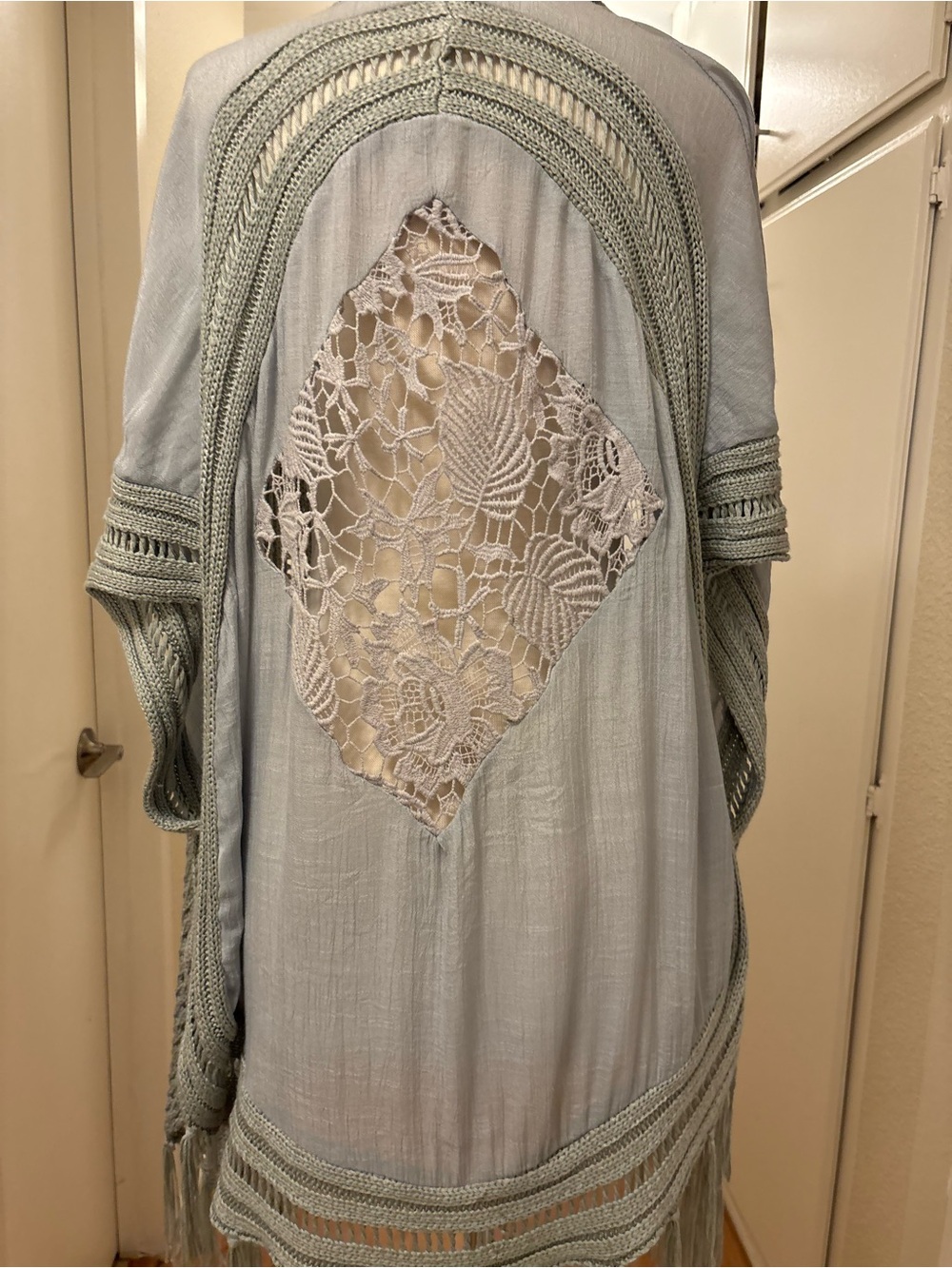 Miracle Light Gray/Sage Green Crochet-Back Kimono - Size S/M